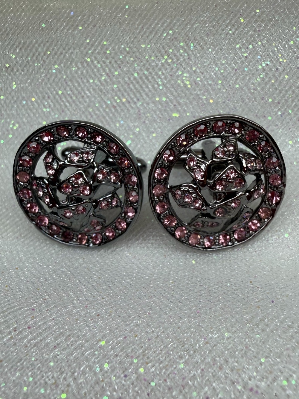 Pink Crystal Floral Round Cufflinks